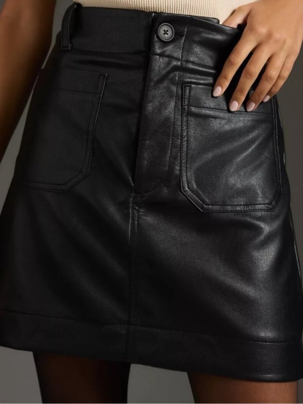 Maeve Black Faux Leather A-Line Mini Skirt with Front Patch Pockets